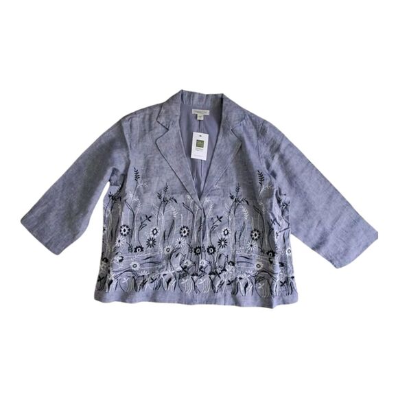 NWT Coldwater Creek Jacket Blazer‎ Women's XL Blue Linen Floral Embroidered Work - Picture 1 of 12